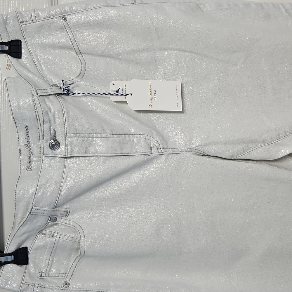 Tommy Bahama Metallic High Rise Ankle Denim: Metallic White/Silver: Size- 16